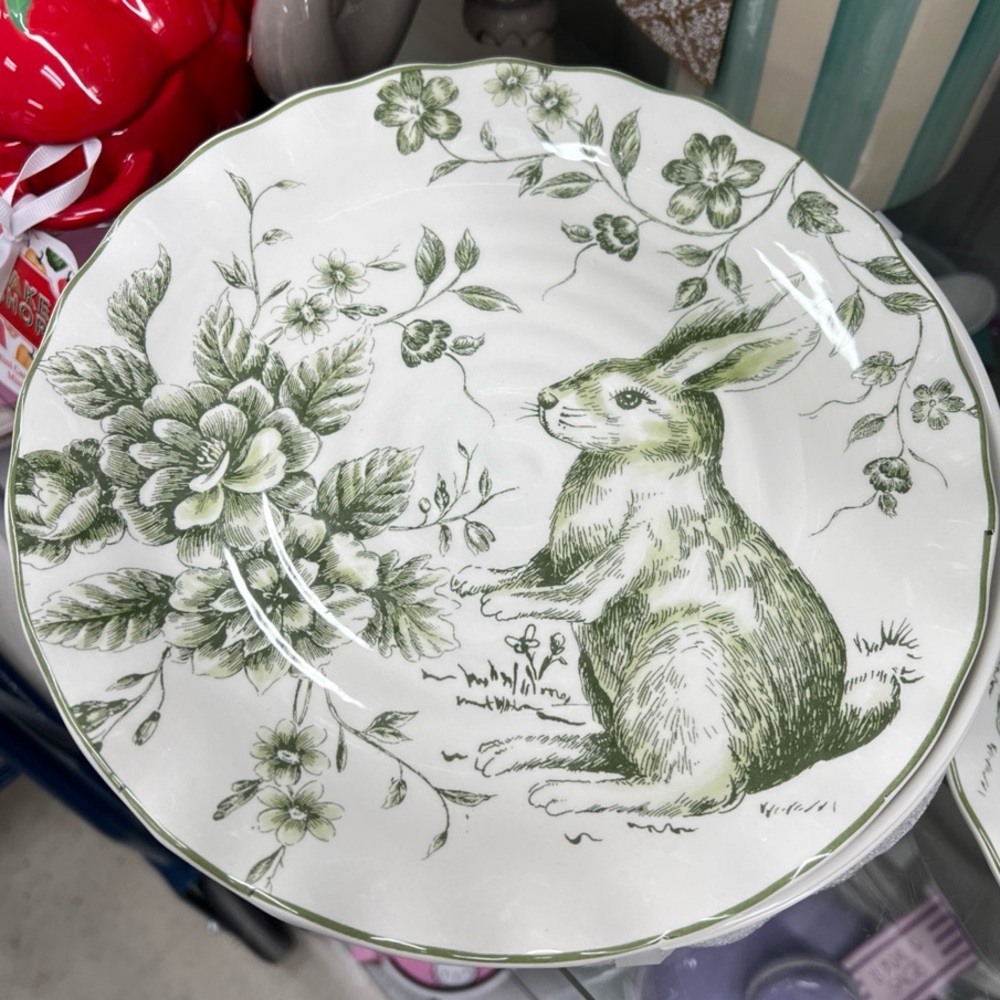 4 Maxcera Green Toile Bunny Rabbit Luncheon Salad Plates Scalloped Easter